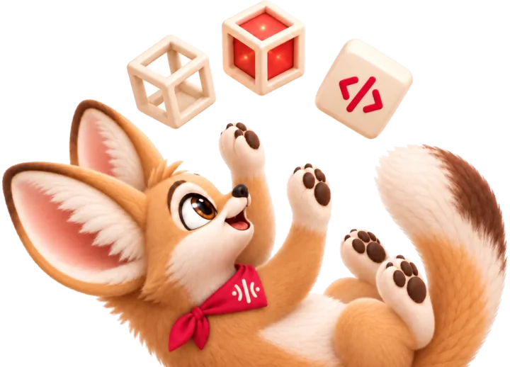 Flux lying on its back, batting at three floating cubes